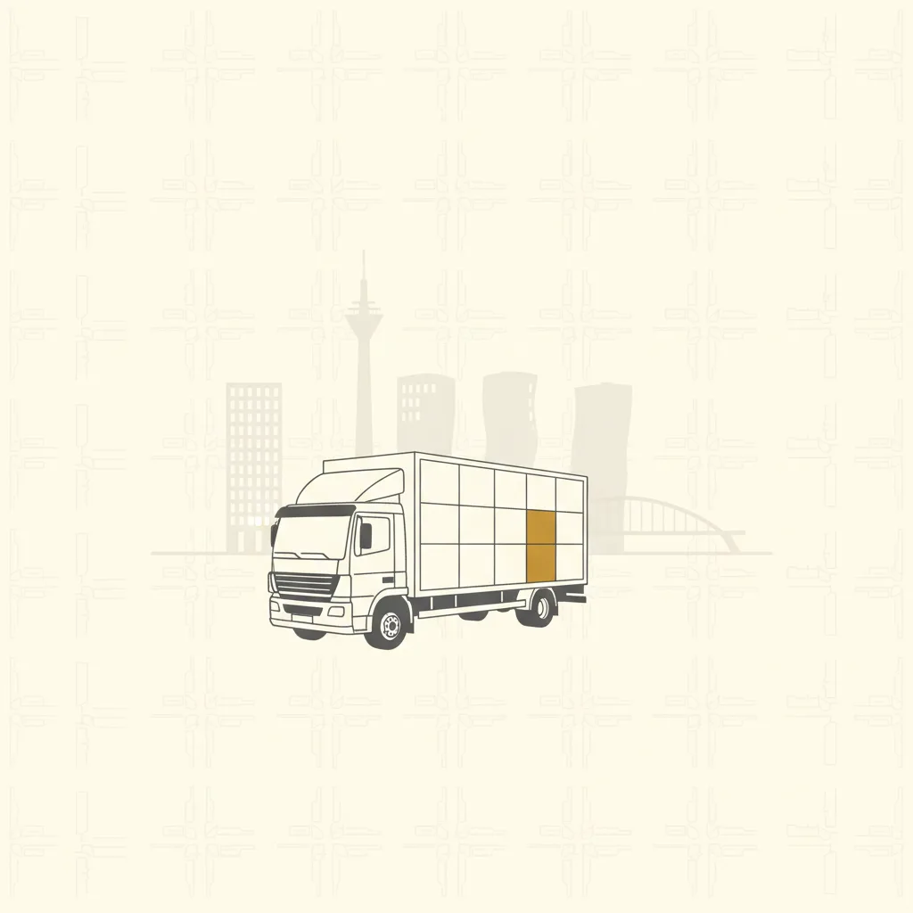 Comic-Illustration: Techniker rollen einen gepolsterten Serverschrank aus einem Medienhafen-Büro zu einem graphitgrauen Kastenwagen – IT-Umzug in Düsseldorf